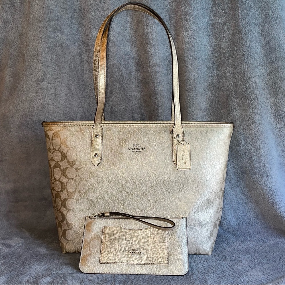 Coach Gold Metallic Tote and Wallet Combo